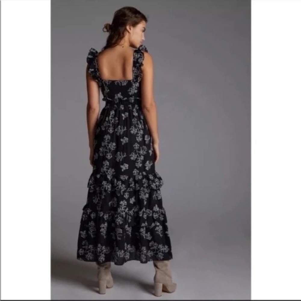 Especia Embroidered Floral Maxi Dress Ruffles Trim Anthropologie Navy - Picture 3 of 10